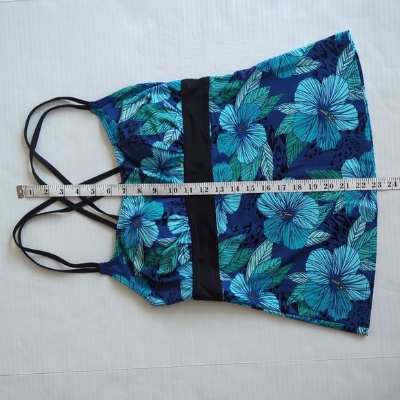 Tropical Escape Floral Strappy Padded Tankini Swim Top 10 Blue Green - Picture 13 of 14